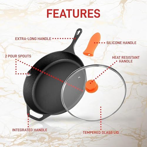 NutriChef premium pre-seasoned cast-iron skillet with lid