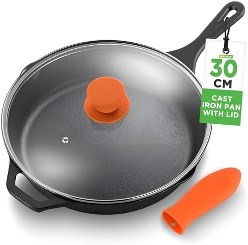 NutriChef premium pre-seasoned cast-iron skillet with lid